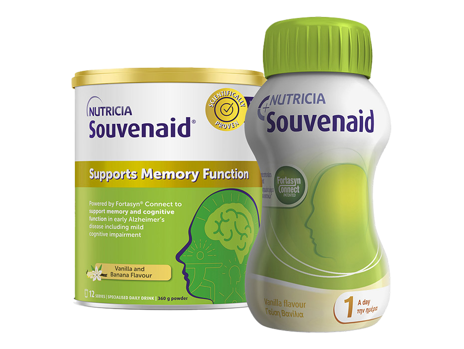 A bottle of Souvenaid liquid and a tin of Souvenaid powder 