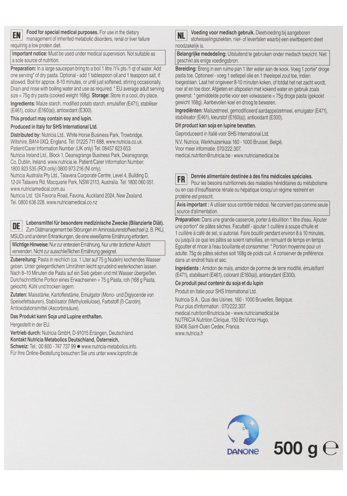 Loprofin Animal Pasta Back Panel | Paediatrics Healthcare | Nutricia