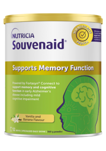 Front view of a Souvenaid tin reading "Support Memory Function" and Vanilla and Banana Flavour.